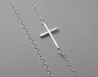 Sideways Cross Necklace, Sterling Silver Sideways Cross Necklace, Sterling Silver Necklace, Baptism Gift Necklace, Christmas Gift Necklace