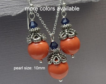 Coral and Navy Jewelry Set,  Orange Jewelry Set, Orange and Navy Jewelry, Orange Wedding Jewelry, Orange Necklace, Orange Earrings