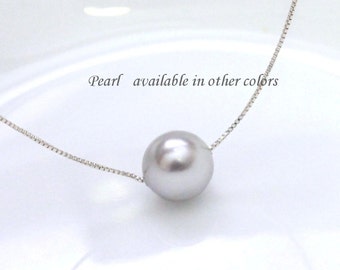Light Gray Pearl Necklace, Pearl Necklace, Wedding Necklace, Large Pearl Necklace, Floating Pearl Necklace, Bridesmaid Gift Necklace