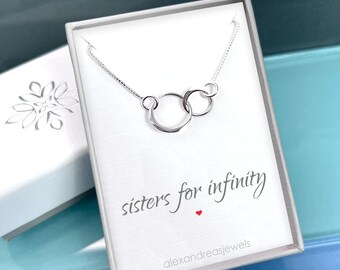 Tiny 925 Sterling Silver Two Interlocking Circle Necklace, Double Ring Necklace, Sister Birthday Gift Necklace, Mother Daughter Necklace