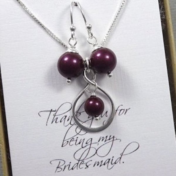 Plum Jewelry Set, Infinity and Swarovski Blackberry Pearl Necklace and Earring Set, Bridesmaid Jewelry, Bridesmaid Gift, Plum Wedding