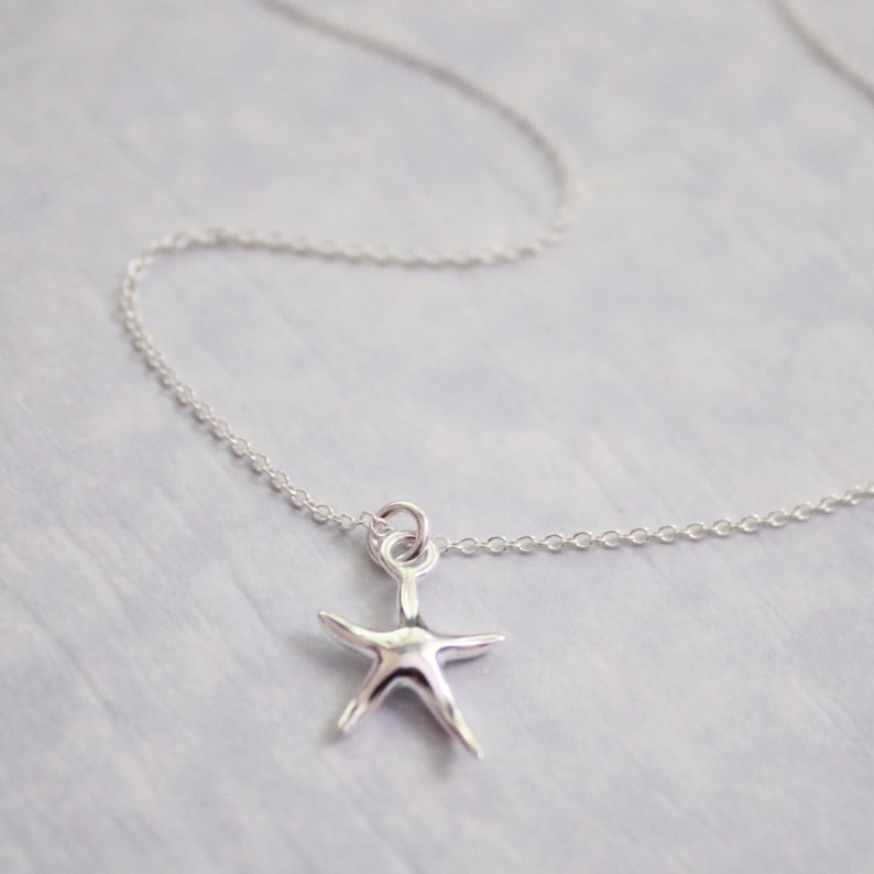May include: A silver starfish pendant necklace. The starfish charm is suspended from a delicate chain. The necklace is a simple, elegant piece of jewelry. The starfish is a bright, shiny silver color.