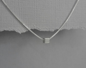 Sterling Silver Cube Necklace, Everyday Necklace, Tiny Cube Layering Necklace, Choker Necklace, Gift for Her Girlfriend Gift Casual Necklace