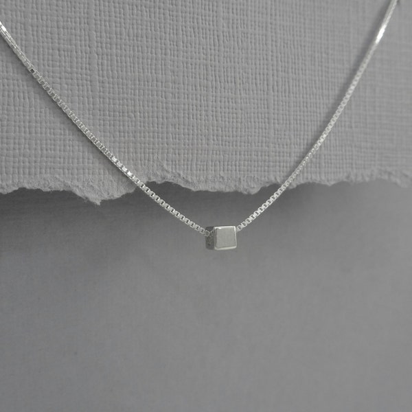 Sterling Silver Cube Necklace, Everyday Necklace, Tiny Cube Layering Necklace, Choker Necklace, Gift for Her Girlfriend Gift Casual Necklace