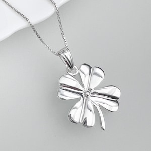 Large High Polish Sterling Silver Four Leaf Clover Pendant Necklace, St. Patrick&#39;s Day Gift, Good Luck Necklace, Best Friend Gift Necklace