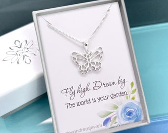 925 Sterling Silver Butterfly Pendant Necklace for Women, Inspirational Gift Necklace, Graduation Gift for Daughter, Niece or Granddaughter