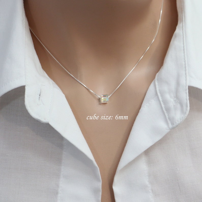 Crystal Cube Necklace, Sterling Silver Layering Necklace, Bridesmaid Necklace Gift for Her Bridesmaid Jewelry Personalized Bridesmaid Gift image 2