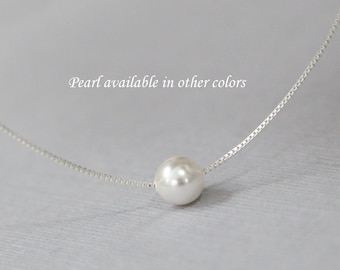 Tiny 6mm Swarovski White Pearl on Sterling Silver Necklace Chain, Sterling Silver Necklace, Floating Pearl Necklace, Girlfriend Gift
