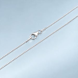 Peut inclure: Un collier chaîne de type boîte en métal argenté avec une finition polie et un fermoir mousqueton sécurisé. La chaîne est composée de petits maillons carrés reliés dans un motif continu et flexible, offrant un aspect lisse et uniforme.