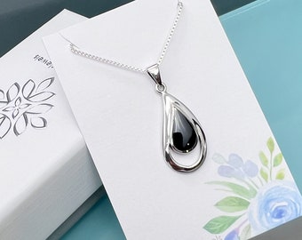 Sterling Silver Black Onyx Teardrop Necklace, Gift for Wife, Girlfriend Gift, Mom Gift Necklace, Anniversary Gift Necklace, Grandmother Gift