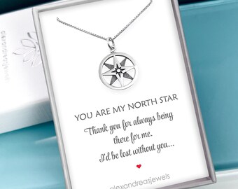 Sterling Silver Layered North Star Compass Necklace, Wife Anniversary Gift Necklace, Girlfriend Gift Necklace, Best Friend Gift Necklace