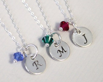 Sterling Silver Initial Necklace with Birthstone Crystals, Birthstone Necklace, Bridesmaid Necklace, Girlfriend Gift Necklace