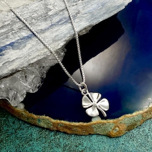 May include: A silver-colored necklace with a four-leaf clover pendant. The pendant is detailed with four distinct leaves. The chain is a delicate box chain style. The necklace is displayed against a blue and green background.