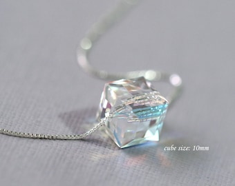 Swarovski Cube Necklace, Sterling Silver Necklace, Layering Necklace, Everyday Necklace, Casual Necklace, Minimalist Necklace, Gift for Her