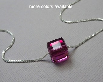 Swarovski Fuschia Cube Necklace, Sterling Silver Necklace, Maid of Honor Gift, Hot Pink Necklace, Bridesmaid Necklace, Wedding Necklace