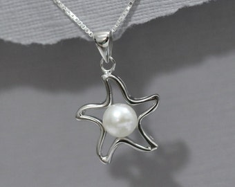 Bridesmaid Gift, White Freshwater Pearl Sterling Silver Starfish Necklace, Beach Wedding Necklace, Beach Wedding Jewelry