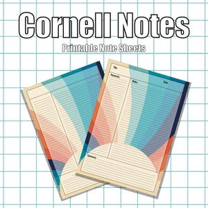 Könnte beinhalten: Zwei druckbare Cornell-Notizblätter mit einem farbenfrohen abstrakten Design. Die Blätter sind in Abschnitte für Notizen, Schlüsselwörter und eine Zusammenfassung unterteilt. Der Text "Cornell Notes" und "Printable Note Sheets" befindet sich oben im Bild.