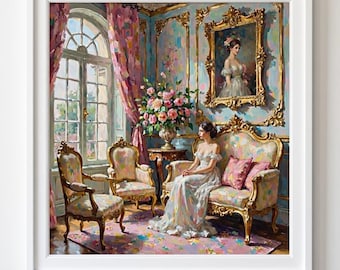 Rococo Sitting Room Oil Painting Print: Vintage French Interior (Digital Download)