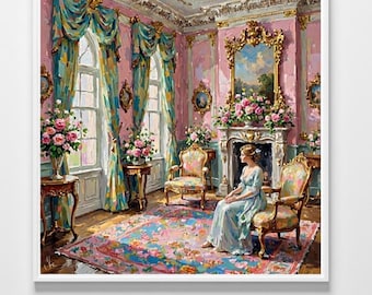 Rococo Revival Ladies Oil Painting, Elegant Victorian Decor (Digital Download)
