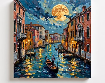 Venice Canal Oil Painting Art Print Moonlit Gondola Night Scene Wall Art (Digital Download)