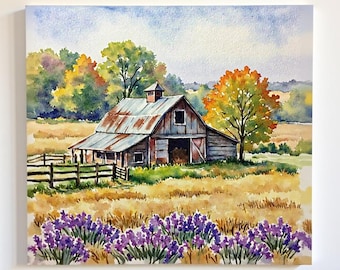 Rustic Barn Watercolor Art Print: Countryside Farmhouse Landscape Wall Decor (Digital Download)