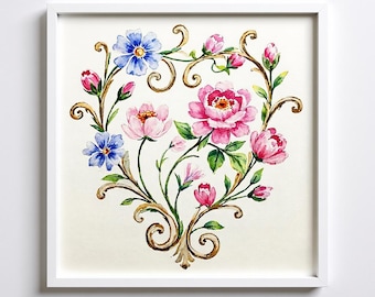 Rococo revival aquarel bloemenprint vintage bloem kunst aan de muur sierlijke botanisch schilderij Franse stijl romantisch interieur digitale download