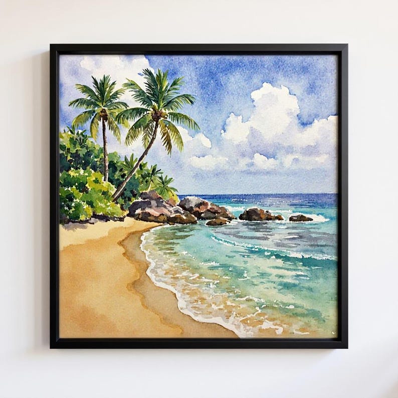Tropical Beach Art Print Watercolor: Palm Tree Coastal Seascape Wall ...