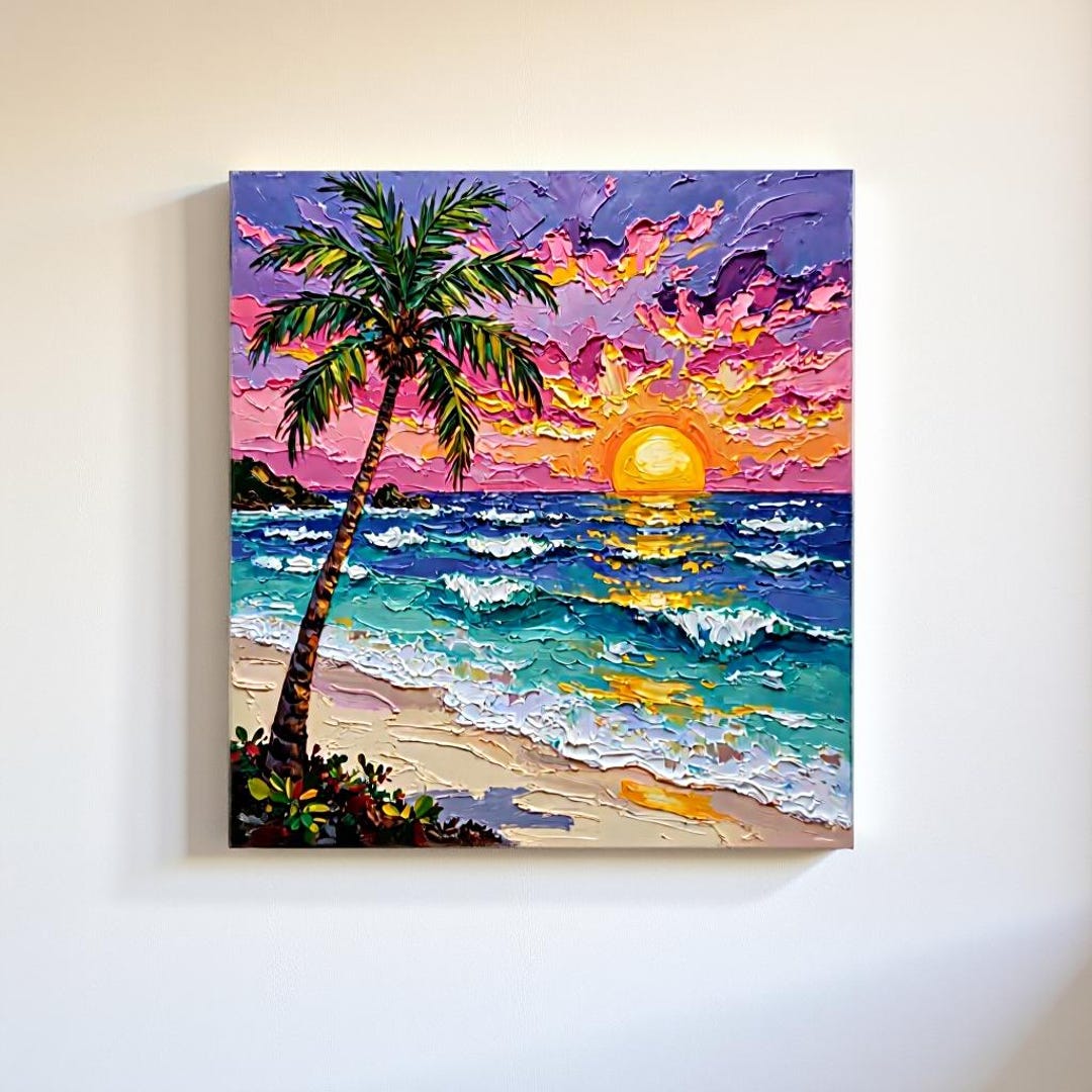 Tropical Sunset Oil Painting Art Print Palm Tree Beach Seascape Wall ...