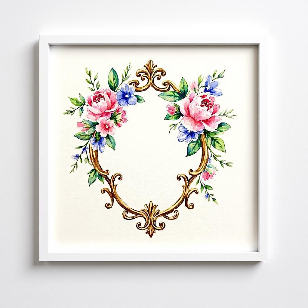 水彩画　パリ　フランス　ロココ フランスロココ調の花柄水彩画：ヴィンテージ装飾ゴールドフレーム