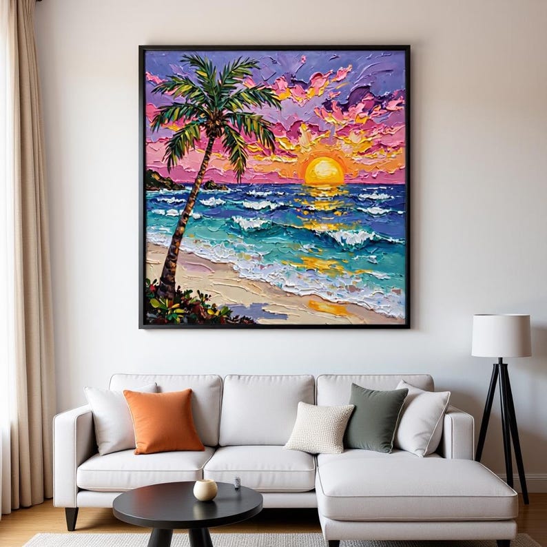 Tropical Sunset Oil Painting Art Print Palm Tree Beach Seascape Wall ...