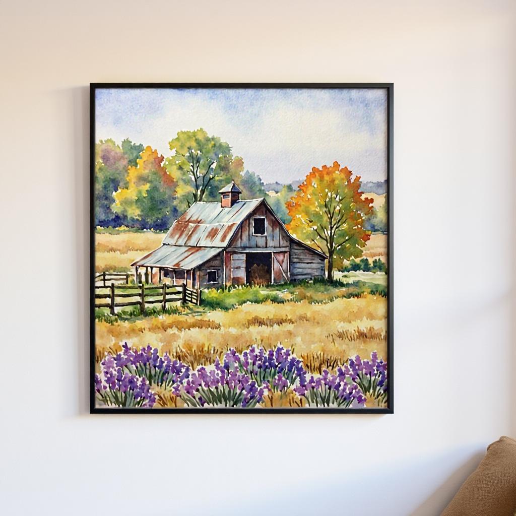 Rustic Barn Watercolor Art Print: Countryside Farmhouse Landscape Wall ...