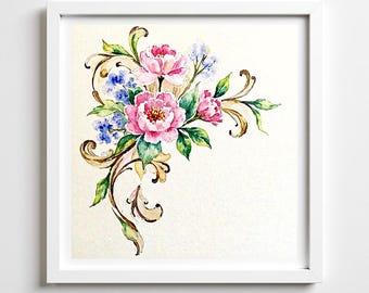 Rococo revival aquarel bloemenprint vintage bloem kunst aan de muur sierlijke botanisch schilderij Franse stijl romantisch interieur digitale download