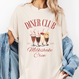 Retro Milkshake T-Shirt, Retro Milkshake Crew Shirt Ice Cream Shop, Diner Club T-Shirt Milkshake Tee, Coquette Gingham Bow, Retro Diner Tee