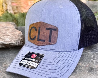 City Leather Patch Trucker Hat | Custom Richardson 112 | Personalized City Hat | CLT Charlotte Hat | Engraved Leather Patch Cap