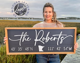 Coordinate Wood Sign with last name | Latitude Longitude Wooden Sign | Location Coordinates Sign | Wedding Gift | New Home Gift