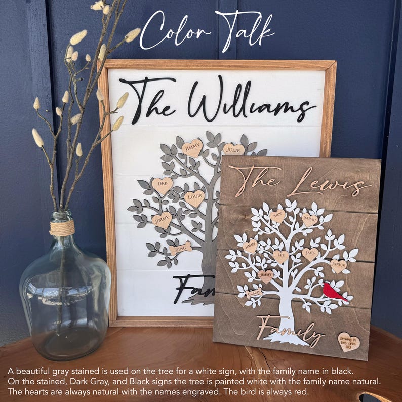 May include: Two wooden family tree signs with the names "The Williams" and "The Lewis" engraved on them. The trees are painted white with gray and black details. The hearts are natural wood with names engraved on them. The bird is red.