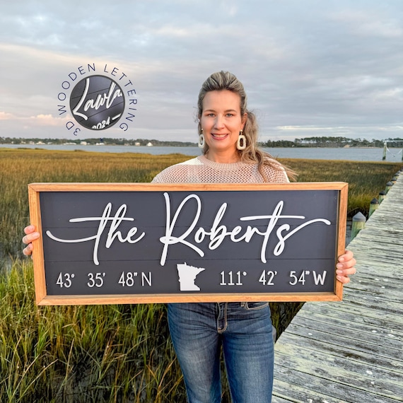 Coordinate Wood Sign with last name | Latitude Longitude Wooden Sign | Location Coordinates Sign | Wedding Gift | New Home Gift