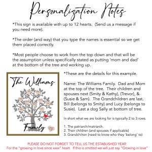 May include: A personalized family tree sign with a gray tree and hearts. The sign says "The Williams Family" at the top and "Growing in love since xxxx" at the bottom. The sign is available with up to 12 hearts.