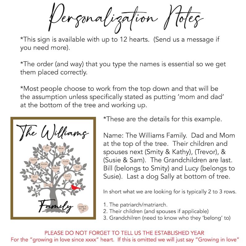 May include: A personalized family tree sign with a gray tree and hearts. The sign says "The Williams Family" at the top and "Growing in love since xxxx" at the bottom. The sign is available with up to 12 hearts.