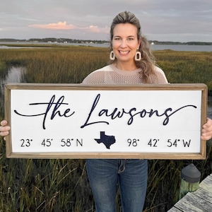 K&ouml;nnte beinhalten: Ein wei&szlig;es Holzschild mit dem Text "The Lawsons" in schwarzer Kursivschrift. Das Schild enth&auml;lt auch die Koordinaten "23&deg; 45' 58" N" und "98&deg; 42' 54" W" in schwarzer Schrift sowie eine schwarze Silhouette des Bundesstaates Texas.