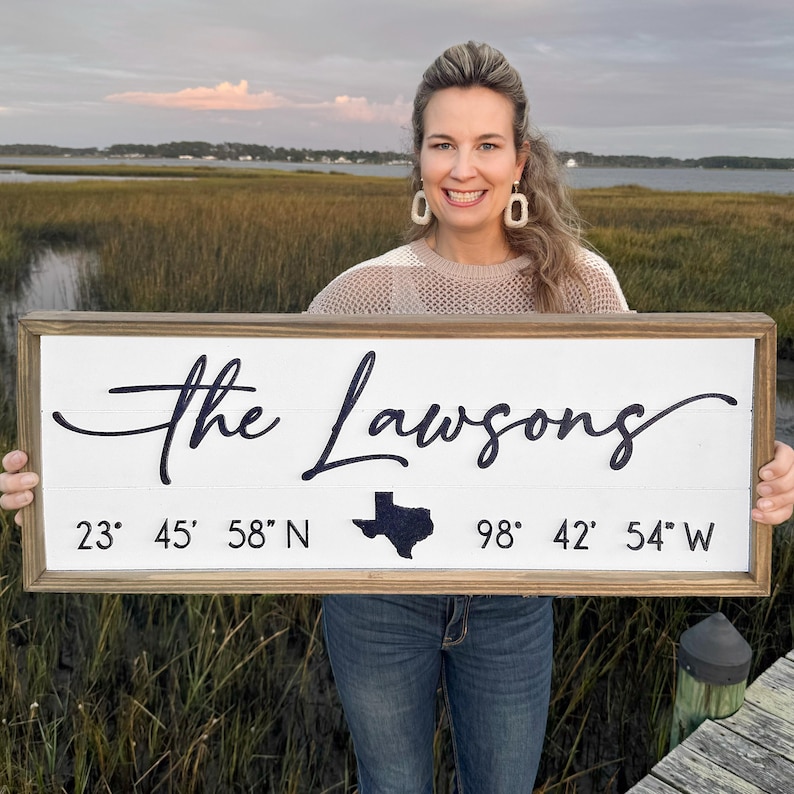 K&ouml;nnte beinhalten: Ein wei&szlig;es Holzschild mit dem Text "The Lawsons" in schwarzer Kursivschrift. Das Schild enth&auml;lt auch die Koordinaten "23&deg; 45' 58" N" und "98&deg; 42' 54" W" in schwarzer Schrift sowie eine schwarze Silhouette des Bundesstaates Texas.