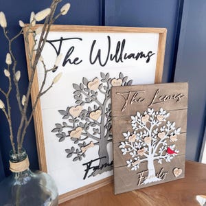 May include: Two wooden family tree wall decor signs. The Williams family tree is gray and features the names Jimmy, Julie, Deb, Louis, Timmy, and Ring. The Lewis family tree is white and features a red cardinal. Both signs have the family name at the top and the word "Family" at the bottom.