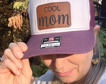Mom Leather Patch Trucker Hat | Richardson 112 | Personalized Logo Hat | Engraved Leather Patch Cap