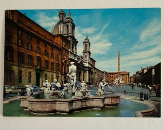 Vintage Rome Italy Piazza Navona Fountain of Four Rivers Color Postcard Unused