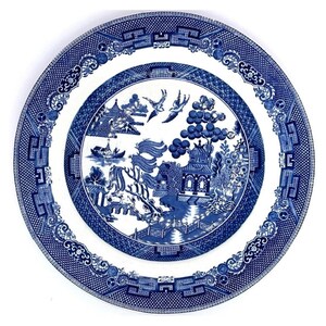 Assiette plate vintage Johnson Bros Willow Blue 25 cm, gravée à la main en Angleterre