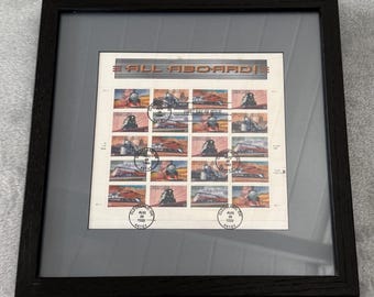 USPS All Aboard Train Briefmarkenbogen 1999 Ersttagsausgabe gerahmt 33c Schiene
