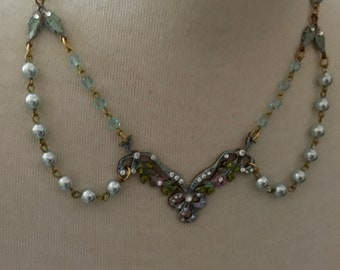 Pastel Rococo Style Crystal and Pearl Necklace