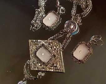 Vintage 1920's Marcasite and Crystal roaring 20's Necklace and Earrings SET