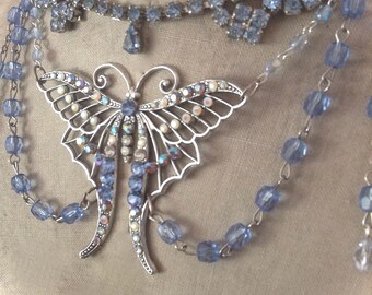 Vintage Light Blue Sparkling Sapphire Butterfly Necklace