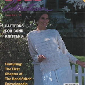 May include: Magazine cover featuring a woman wearing a white knit sweater and skirt. The magazine title is "BOND Collection" with the text "PATTERNS FOR BOND KNITTERS" and "The Bond Stitch Encyclopedia". The cover has a vintage aesthetic.